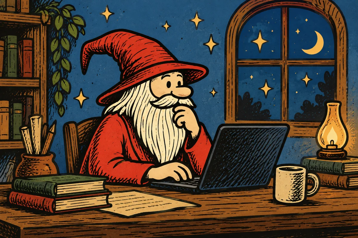 Waylon working at a laptop beside a starry blue evening window