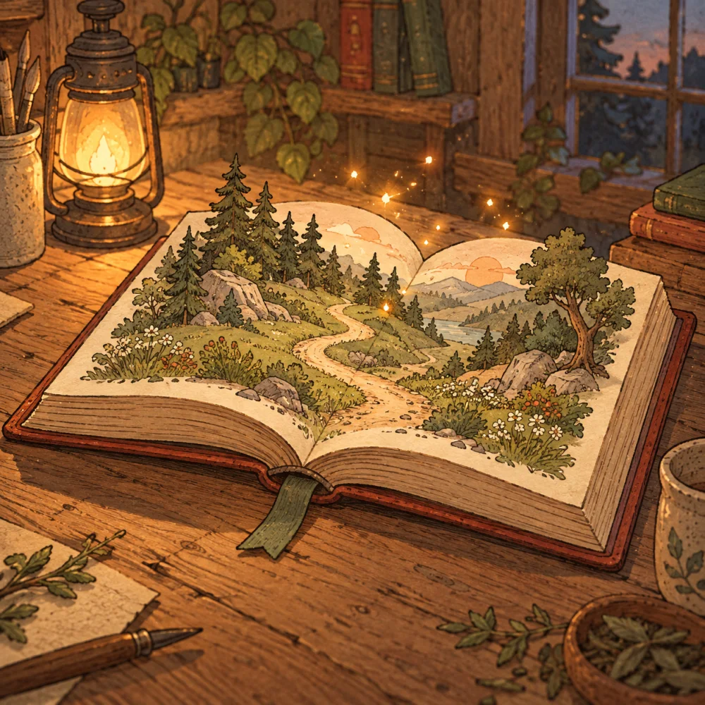 An illustrated spellbook with a forest path and warm sparks rising from its pages