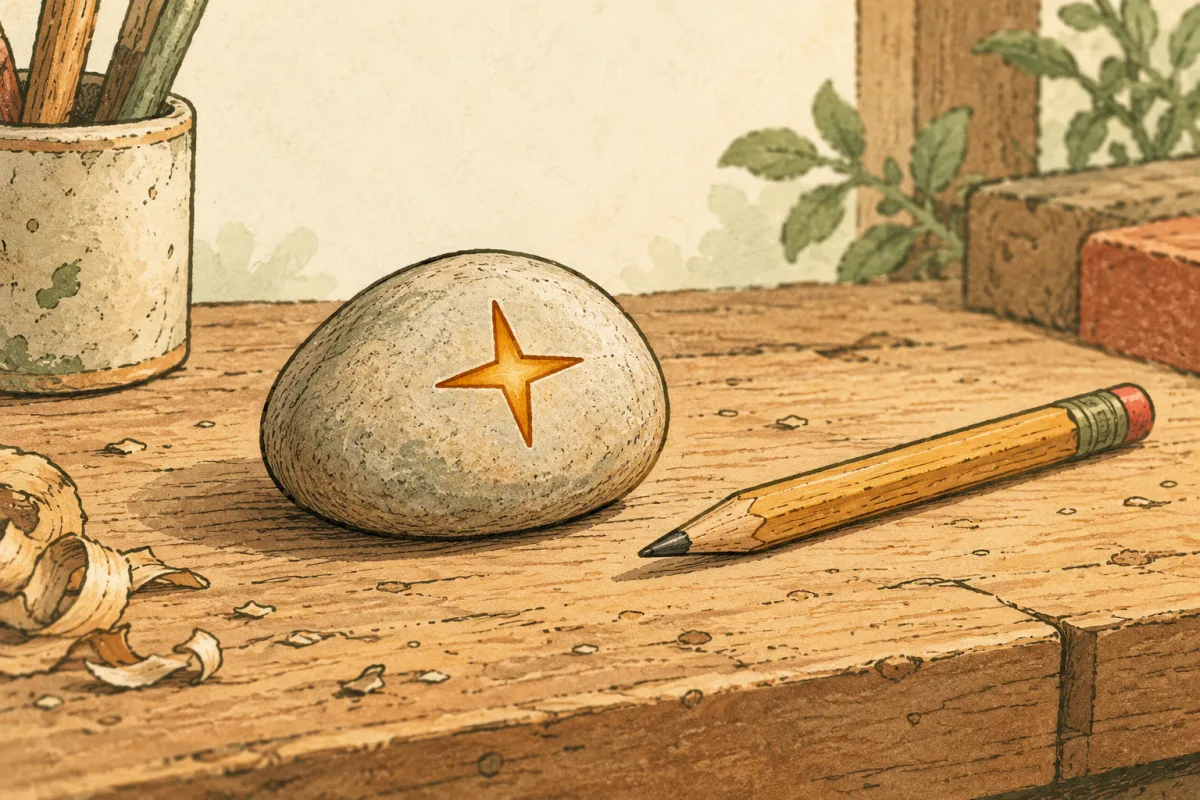 Illustrated Quest Stone with an amber star beside a pencil