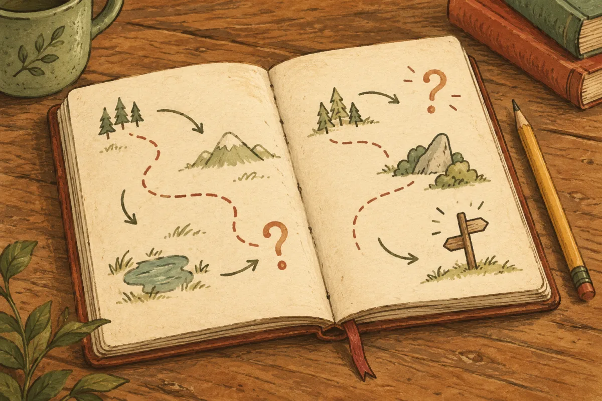 Illustrated notebook mapping a reading quest with questions and clues