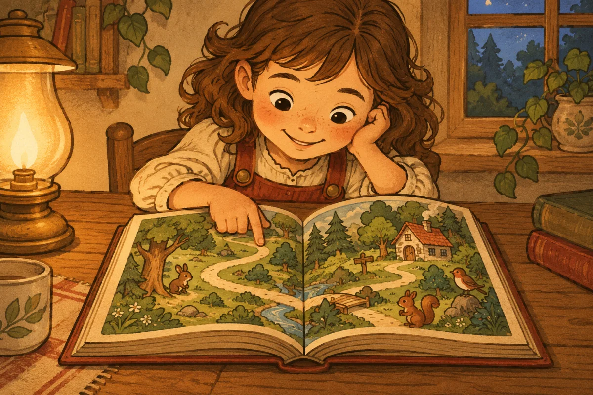 A child following a forest adventure in an illustrated storybook beside a warm lamp