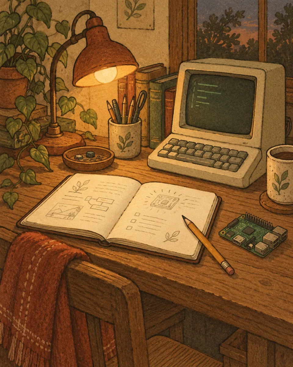Illustrated evening workbench with a notebook, small computer, and circuit board